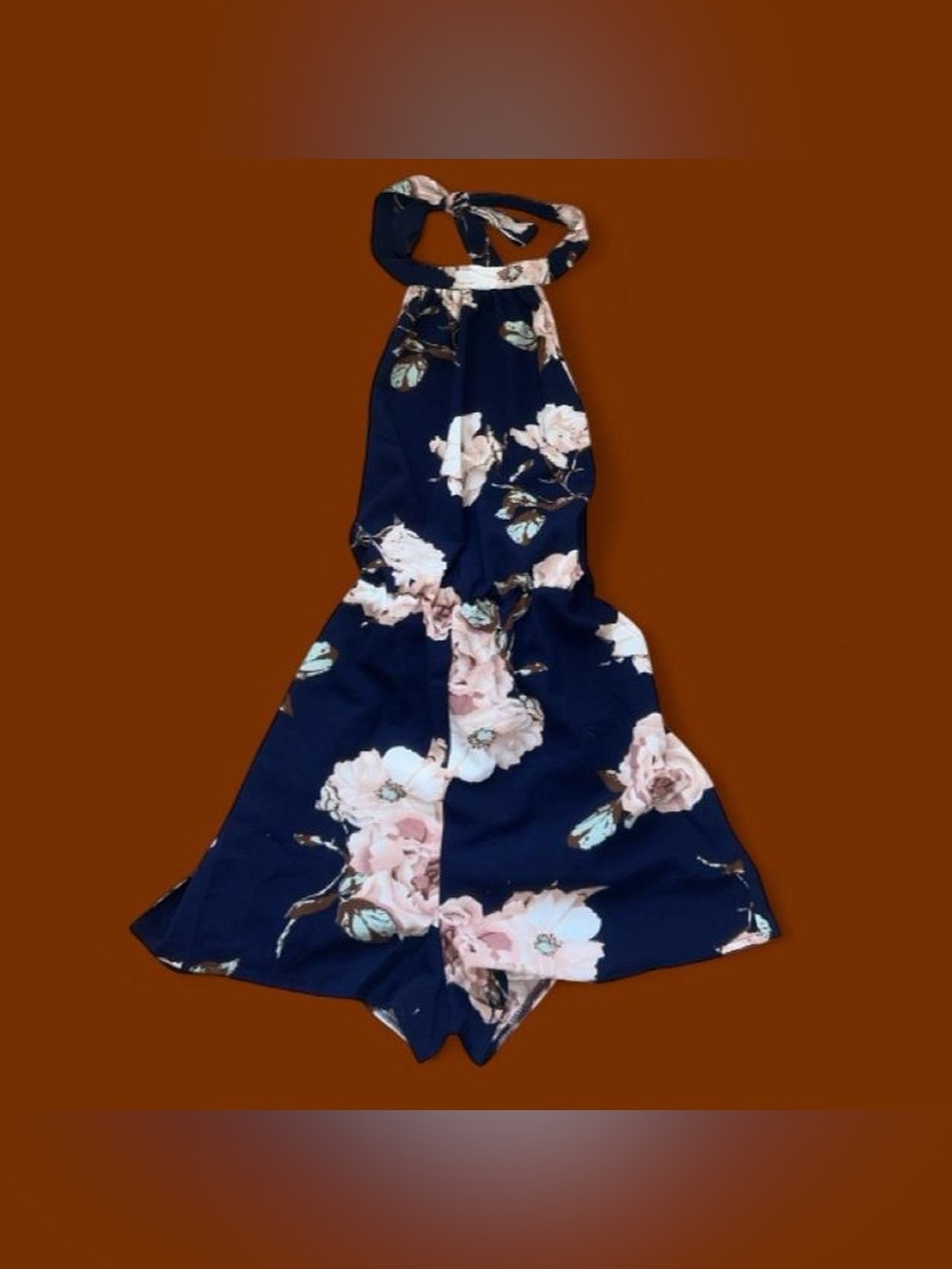 SHEIN Navy Floral Halter Romper with Pink Blooms